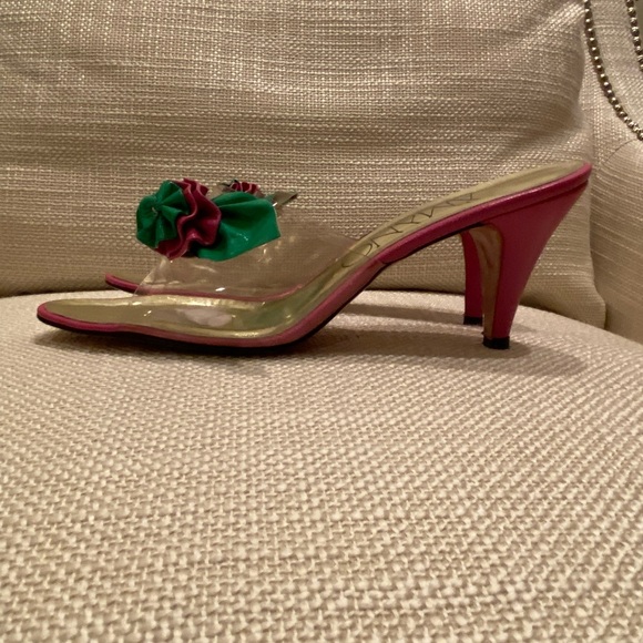 Amano Vintage Handmade Hot Pink Green Flower Clear Slide w H Pink Heel / Size 9N - Picture 9 of 16